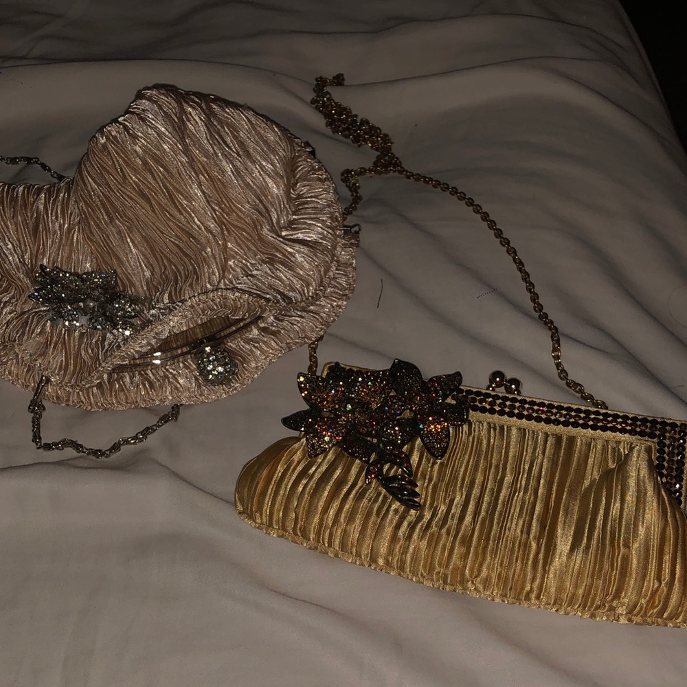 Letty vintage gold clutch and pearl Pleated Evening purse silver chain
